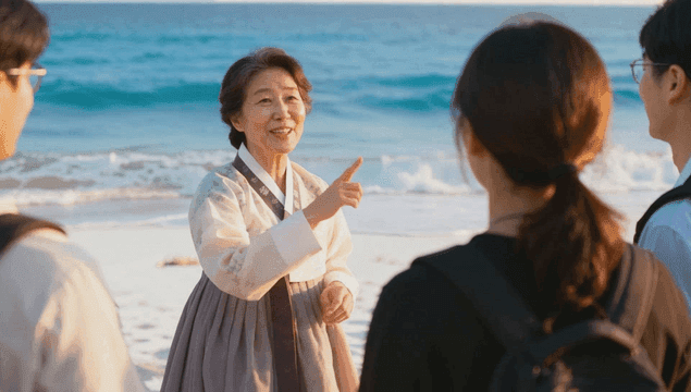 해변에서 한복을 입고 이야기하는 여성 가이더