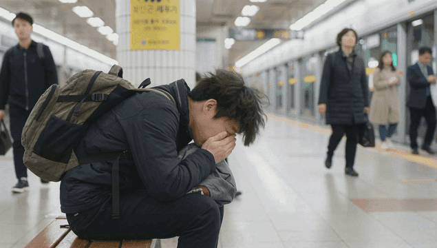 Tired man resting on a subway bench