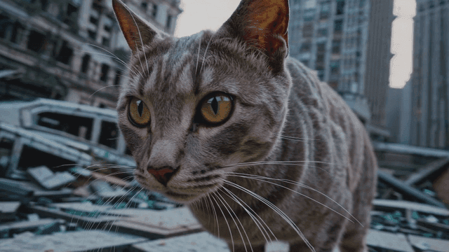 Gray cat in ruined city