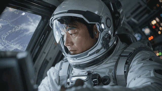 Astronaut focused inside a spacecraft