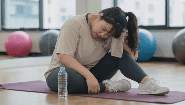 Fat woman resting on yoga mat