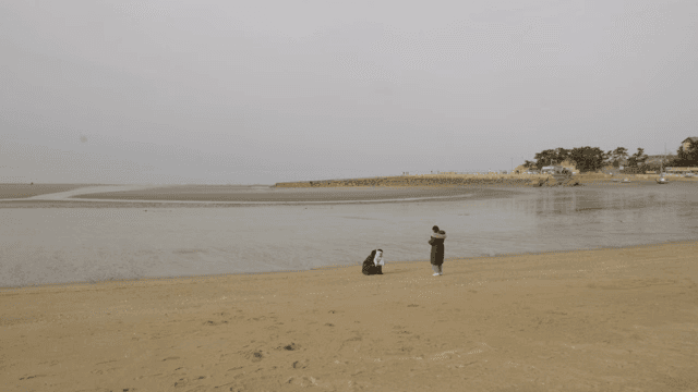 가족이 조용한 해변을 즐기는 모습