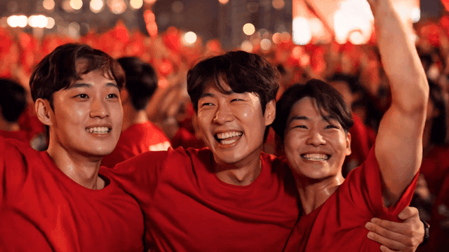 Friends happily celebrating while watching soccer in square
