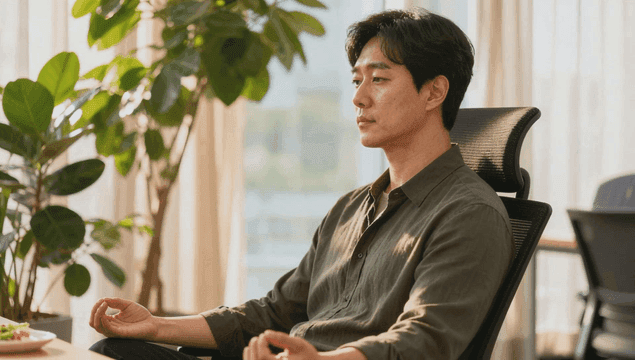 햇빛이 드는 방에서 명상하는 남자