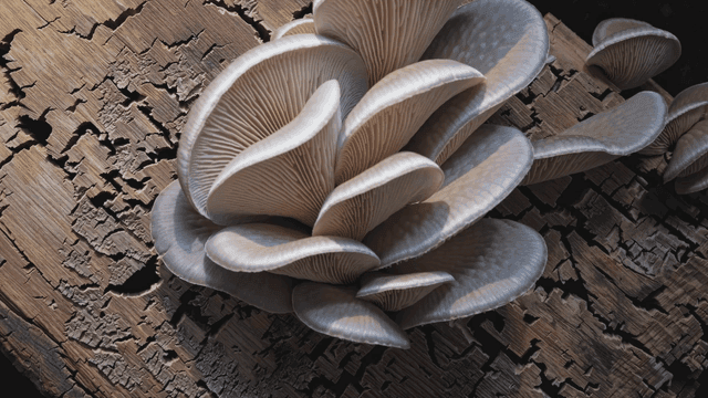 Mushrooms growing on a cracked log