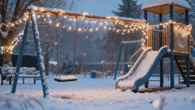 눈 덮인 놀이터와 크리스마스 조명
