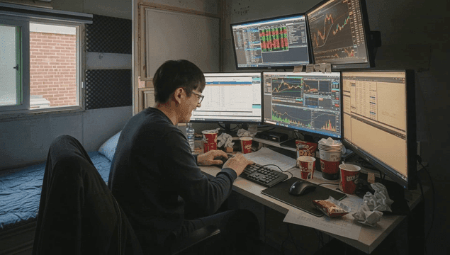 집에서 여러 모니터로 주식 거래하는 젊은 남성