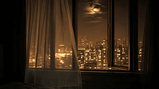 Moonlit city night view visible through open window