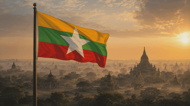 Myanmar flag fluttering above ancient temple at sunrise