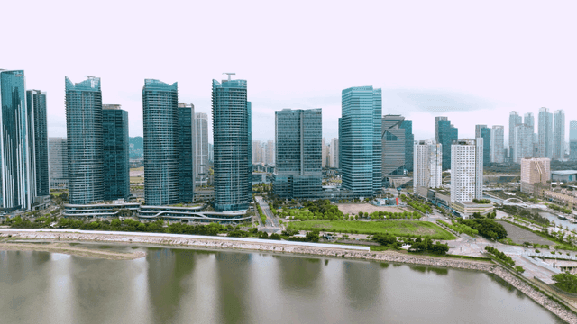 Modern city skyline with tall buildings