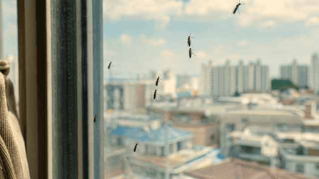 Insects on a window with city view