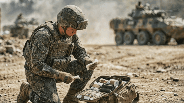 Soldier kneeling on battlefield holding medical kit
