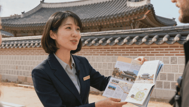 Guide explaining to foreign tourists at a traditional Korean landmark