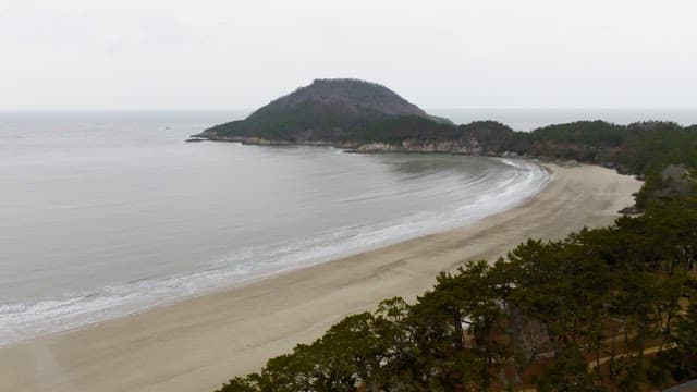 잔잔한 파도가 있는 고요한 해변