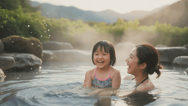 Mother and daughter enjoying a hot spring