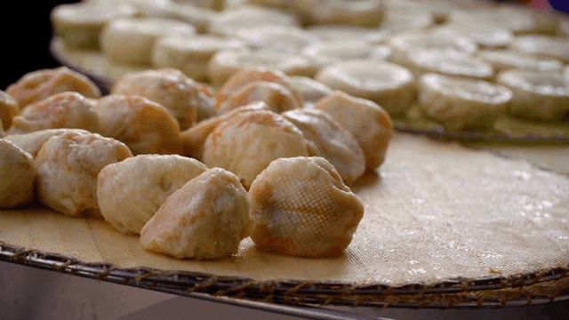 Organizing kimchi dumplings with gloved hands
