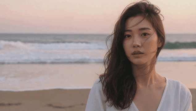 일몰시간에 해변을 바라보는 젊은 여성