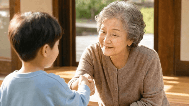Heartwarming moment of grandmother and child shaking hands