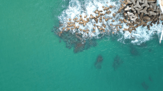 Waves crashing on rocky shoreline