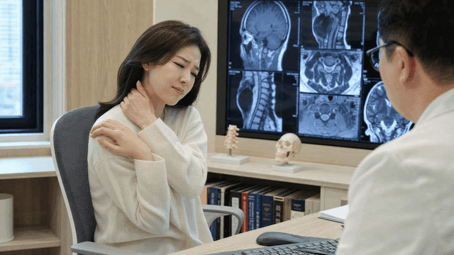 Female patient consulting doctor about neck pain