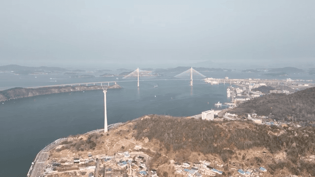 Coastal village with a large bridge