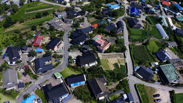 Small town with traditional houses on a sunny day