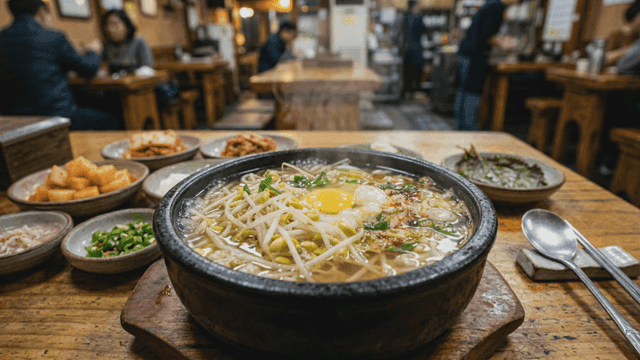 Steaming bean sprout soup at cozy restaurant
