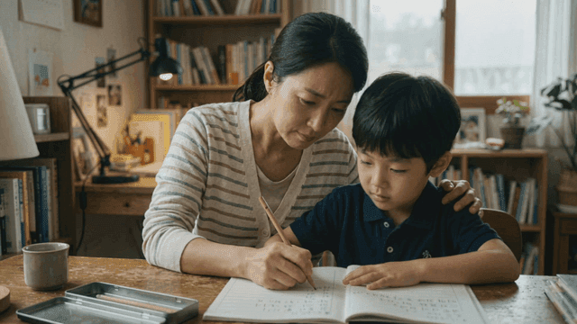 Mother helping her son with his homework.