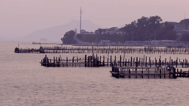 Coastal fish farms with distant hills