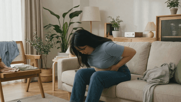 Stressed woman sitting on sofa holding her stomach