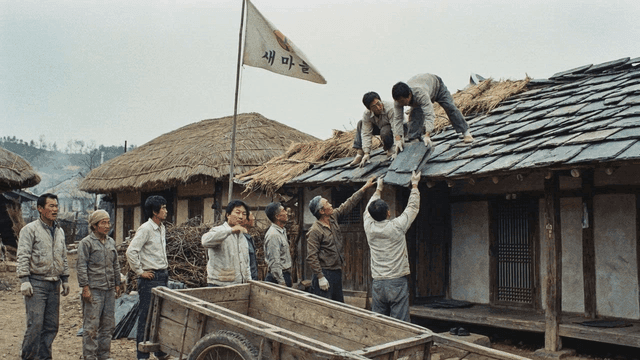 Villagers working together to repair a roof