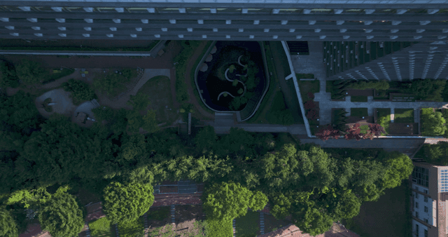 Aerial view of a modern building and garden