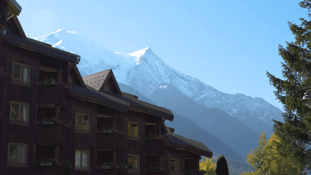 Mountain landscape with wooden European buildings