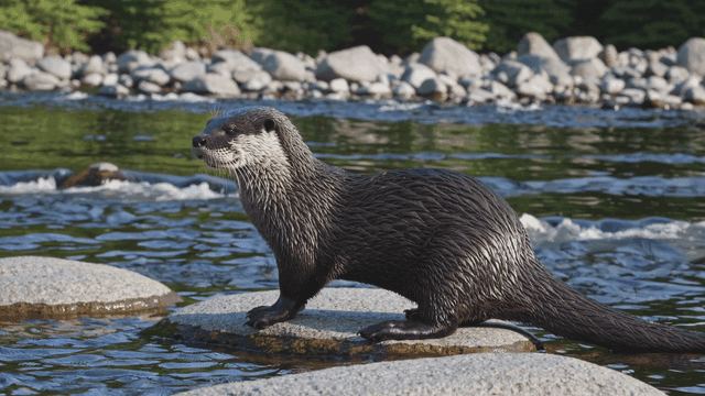 Otter standing on rock by river
