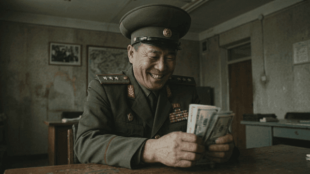 North Korean military officer laughing while counting money at desk