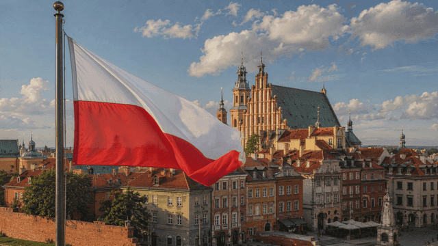 European scenery with Polish flag flying