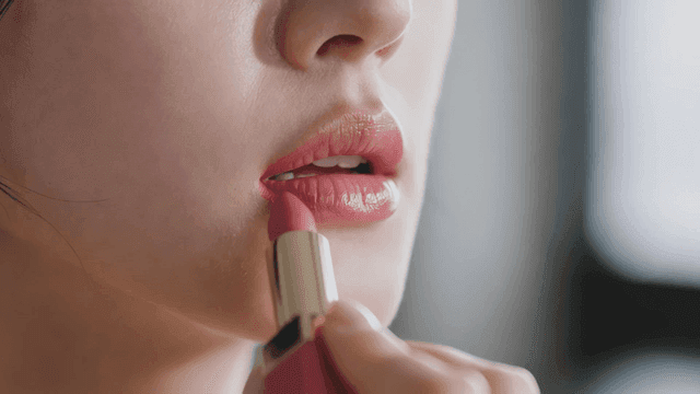 Woman applying pink lipstick to her lips