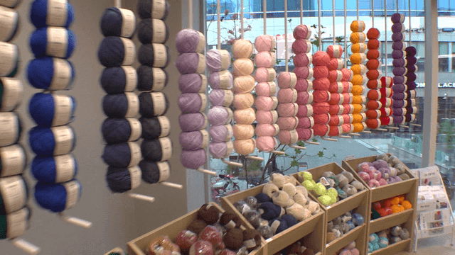 Colorful yarns displayed in a shop