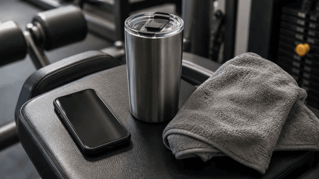 Gym equipment with a phone and tumbler