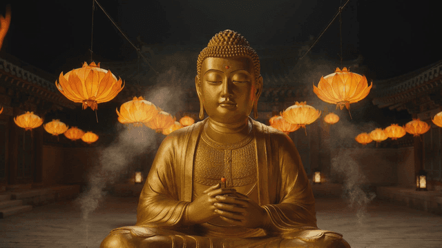 Golden Buddha statue surrounded by lanterns