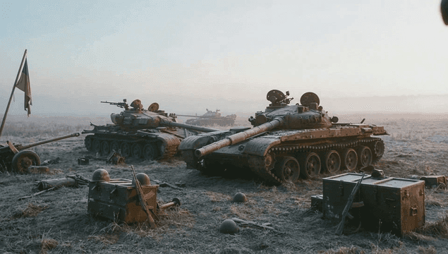 Tanks and equipment on a frosty field