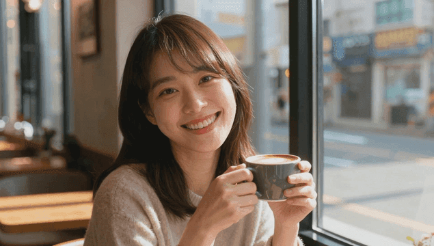 대낮에 창가에서 따듯한 카페 라떼를 즐기는 여성