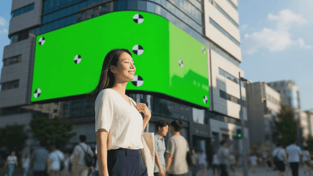 Woman walking on busy city street