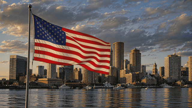 American flag fluttering against coastal city skyline