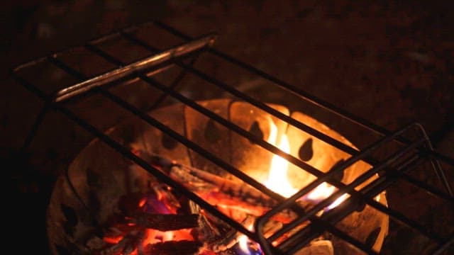 Grilling bulgogi over a campfire in the dark outdoors