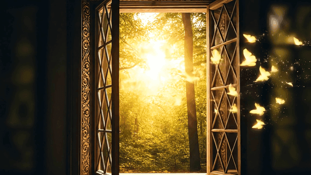 창문을 통해 숲으로 들어오는 햇빛