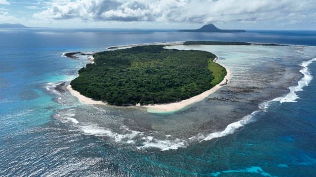 Lush green island surrounded by blue ocean