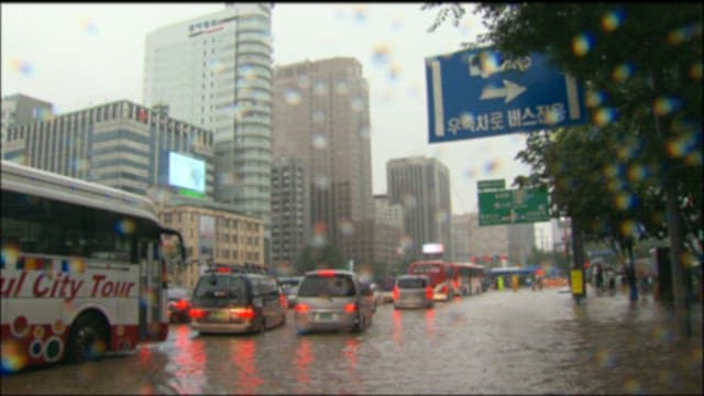 Rain-drenched city streets with pedestrians