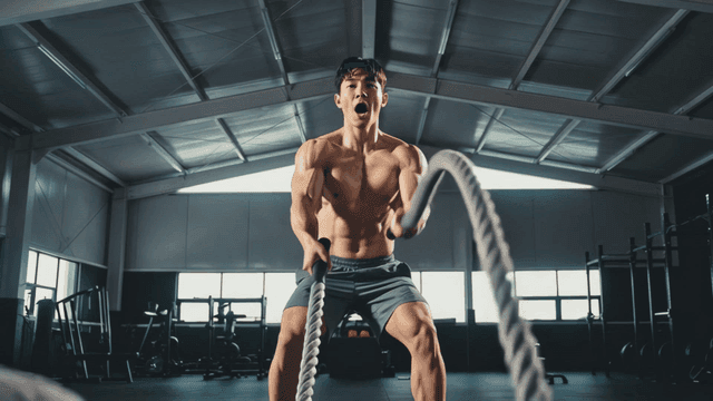 체육관에서 배틀 로프로 운동하는 남성