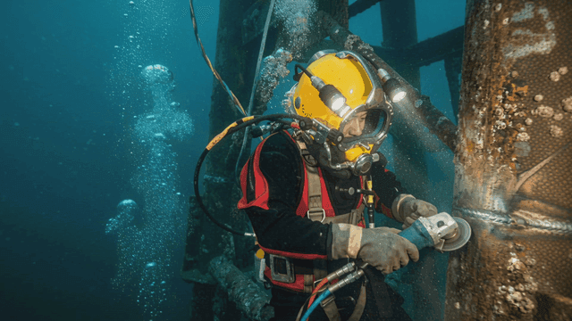 Underwater diver working on metal structure
